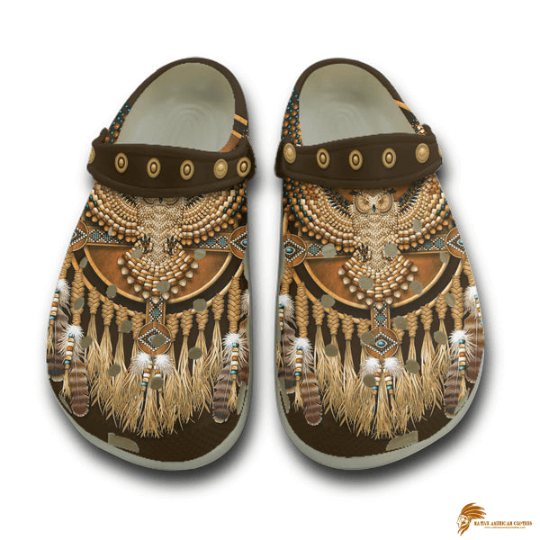Brown Crocs Shoes With Native American Owl Dreamcatcher Print.
