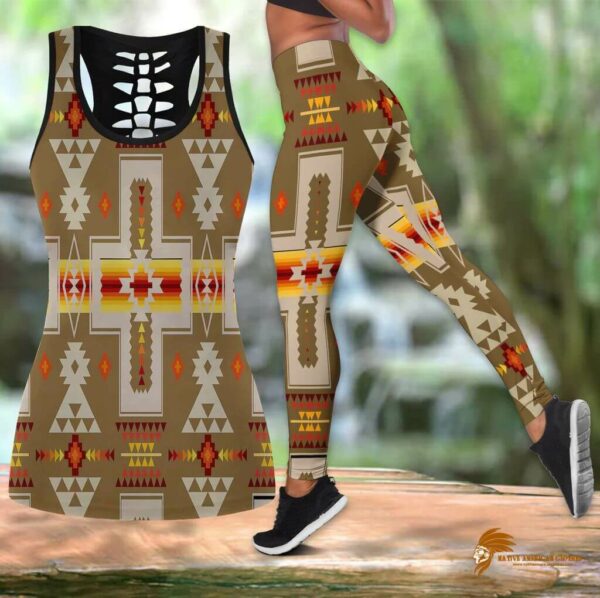 Beaded Light Brown Tribe Design Hollow Tank Top and Legging Set