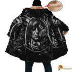 Black Long Fleece Windbreaker with Native American Half Wolf Half Human Horn Button Design