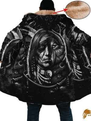 Black Long Fleece Windbreaker with Native American Half Wolf Half Human Horn Button Design