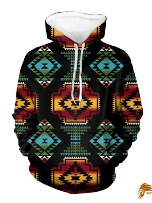 Black Red 3D Fleece Hoodies with Native American Patterns