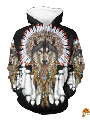 Black Wolf With Feather Headdress 3D Hoodie