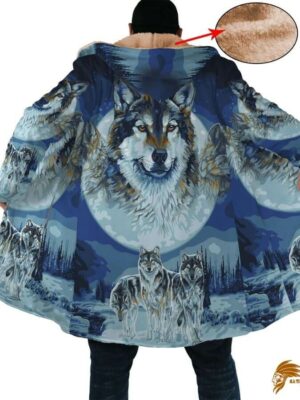 Blue Native American Wolfs Snow Horn Button Long Fleece Windbreaker