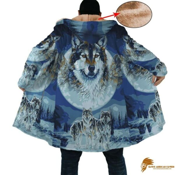 Blue Native American Wolfs Snow Horn Button Long Fleece Windbreaker