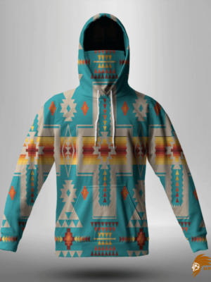 Blue Turquoise Tribe Design Native American 3D Hoodie With Mask