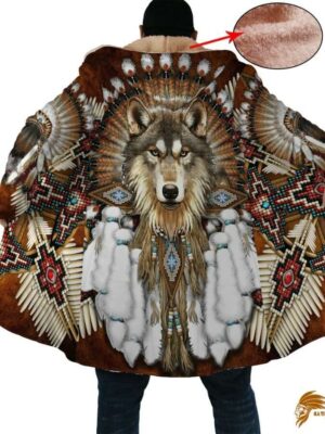 Brown Native American Wolf Dreamcatcher Pattern Horn Button Long Fleece Windbreaker