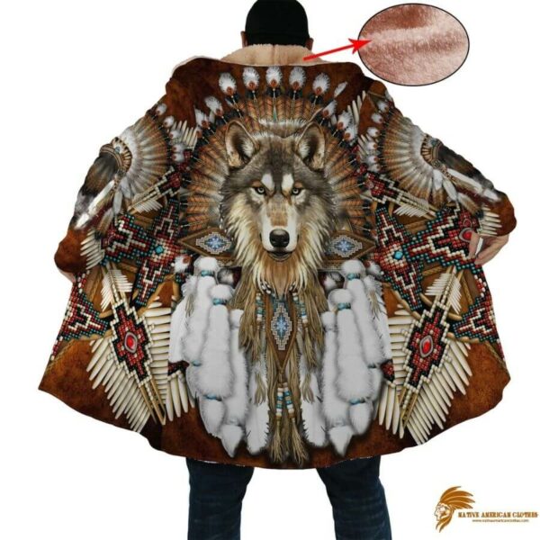 Brown Native American Wolf Dreamcatcher Pattern Horn Button Long Fleece Windbreaker