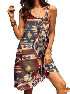 Checkered 3D Mix American Native Fabric Sleeveless Beach Dress