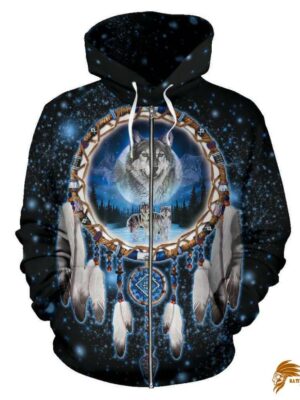 Dreamcatcher Galaxy Wolf Native American Zipper 3D Hoodie