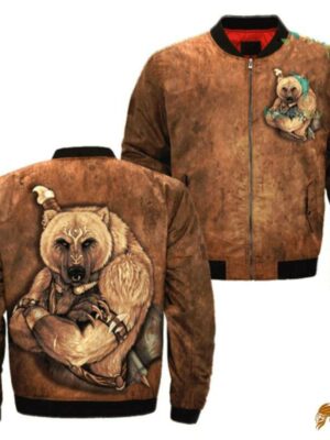 JKNATIVE Tribal Bear Native American Bomber Jacket