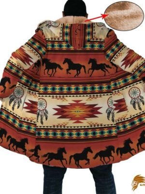 Long Fleece Windbreaker with Orange Native American Horses Pattern and Horn Button