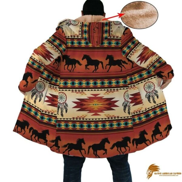 Long Fleece Windbreaker with Orange Native American Horses Pattern and Horn Button