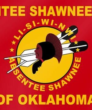 Native American Red Flag embossed with the Absentee Shawnee Tribe