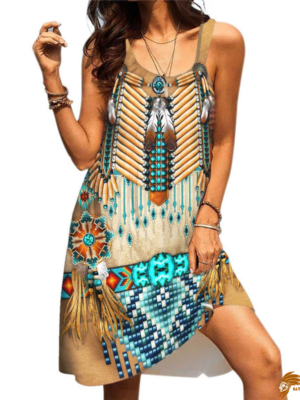 Native American Traditional Buckskin Sleeveless Beach Dress