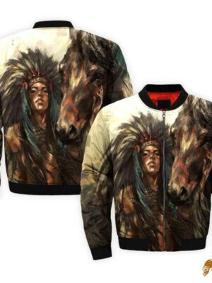 Native Girl Riding with Horse Design Bomber Jacket