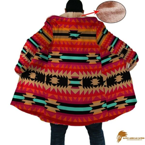 Orange Patterned Native American Culture Long Fleece Windbreaker with Horn Buttons