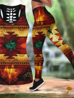 Orange United Tribes Native American Brown Design Hollow Tank Top and Legging Set