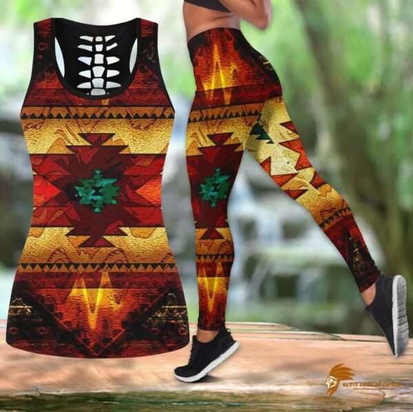 Orange United Tribes Native American Brown Design Hollow Tank Top and Legging Set