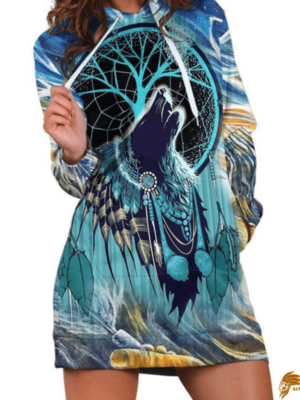 Paisley Blue Native American Wolf Hoodie Dress