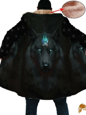 Patterned Black Wolf Beauty Horn Button Long Fleece Windbreaker Custom WCS