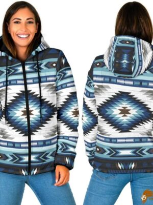 Patterned Blue Colors Women's Padded Hooded Jacket