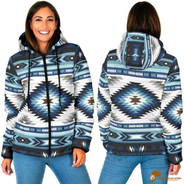 Patterned Blue Colors Women's Padded Hooded Jacket