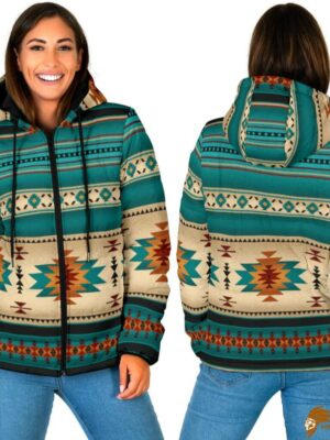 Patterned Blue Native Women's Padded Hooded Jacket