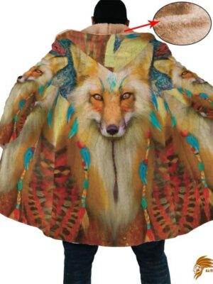 Patterned Brown Fox Art Horn Button Long Fleece Windbreaker