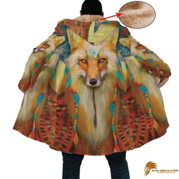 Patterned Brown Fox Art Horn Button Long Fleece Windbreaker