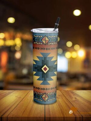 Patterned Brown Southwest Blue Symbol Native American Skinny Tumbler