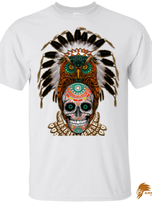 Patterned Chief Skull Brown Owl Feather Native American Design T-shirt