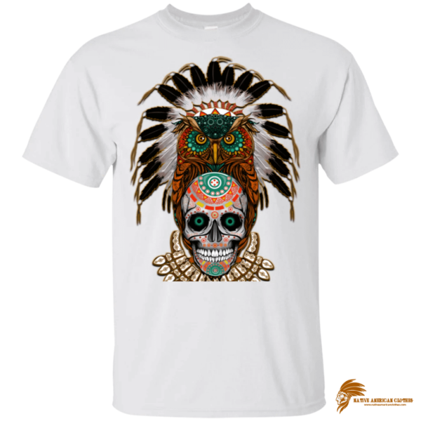 Patterned Chief Skull Brown Owl Feather Native American Design T-shirt