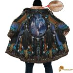 Patterned Howling Wolf Dreamcatcher Horn Button Long Fleece Windbreaker WCS