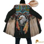 Patterned Native American Eagle Dreamcatcher Long Fleece Windbreaker with Horn Button Closure