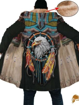 Patterned Native American Eagle Dreamcatcher Long Fleece Windbreaker with Horn Button Closure