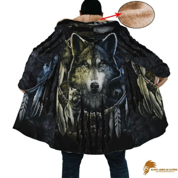 Patterned Wolf Spirit Native American Long Fleece Windbreaker with Horn Buttons