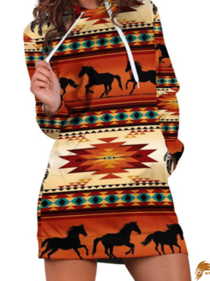 Plaid Native American Horse Pattern Hoodie Style Dress