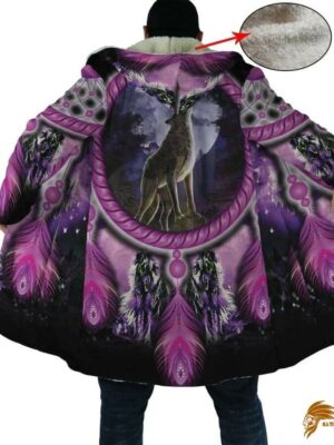 Purple Wolf Dreamcatcher Violet Horn Button Long Fleece Windbreaker WCS