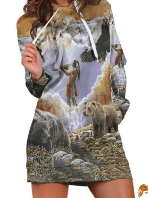 Retro Patterned WOLF NATIVE 3D Hoodie Dress