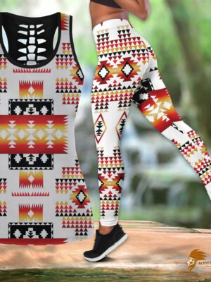 Sporty White Tribes Pattern Native American Hollow Tank Top and Legging Set