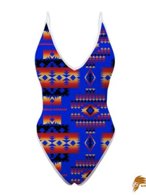 SWINAT005 Blue Native Tribes Pattern Native American Women’s One Piece High Cut Swimsuit