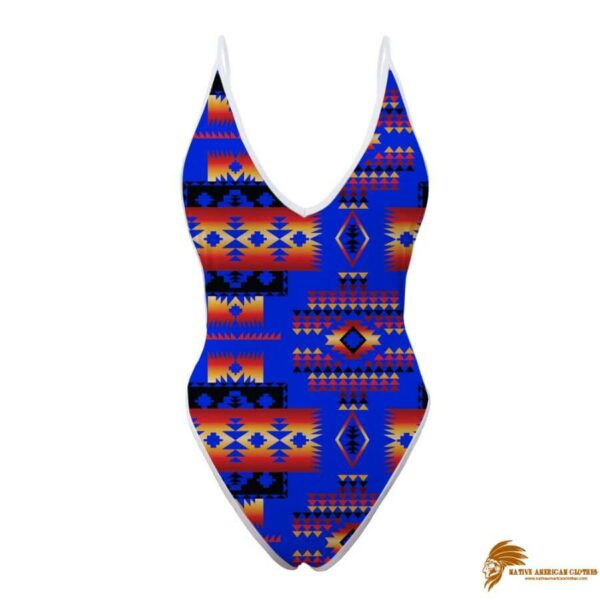 SWINAT005 Blue Native Tribes Pattern Native American Women’s One Piece High Cut Swimsuit