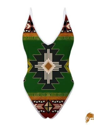 SWINAT009: Southwest Green Symbol Native American Women’s One Piece High Cut Swimsuit