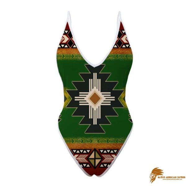 SWINAT009: Southwest Green Symbol Native American Women’s One Piece High Cut Swimsuit