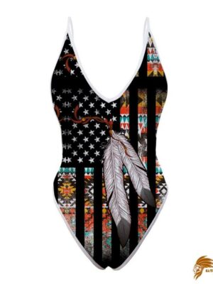 SWINAT010 Traditional Native American Flag Feather One Piece High Cut Swimsuit