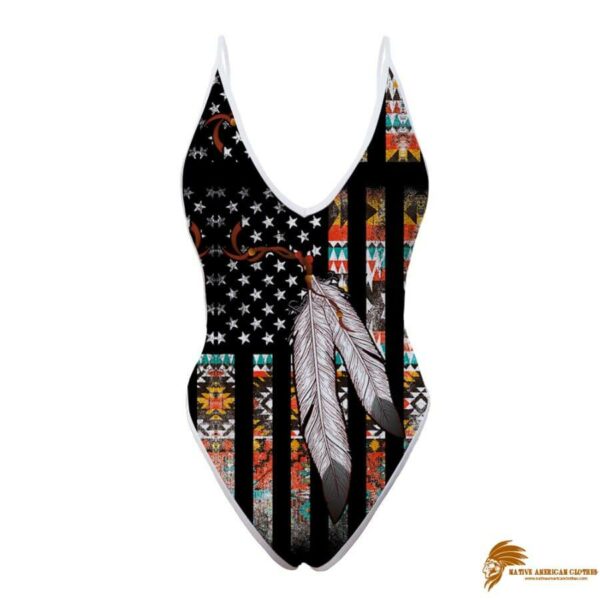 SWINAT010 Traditional Native American Flag Feather One Piece High Cut Swimsuit