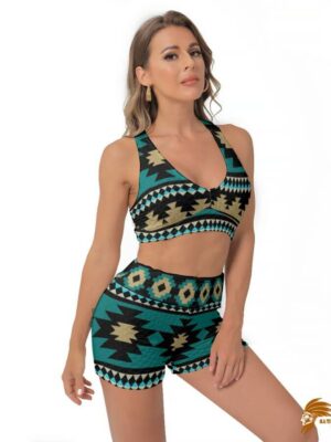 SWINAT013 Green Ethnic Aztec Pattern Women’s Sports Bra Suit