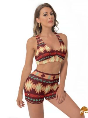 SWINAT020 Red Ethnic Pattern Women’s Sports Bra Suit