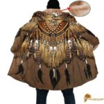 Traditional Brown Native Pattern Long Fleece Windbreaker with Horn Buttons WCS