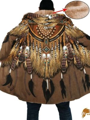 Traditional Brown Native Pattern Long Fleece Windbreaker with Horn Buttons WCS